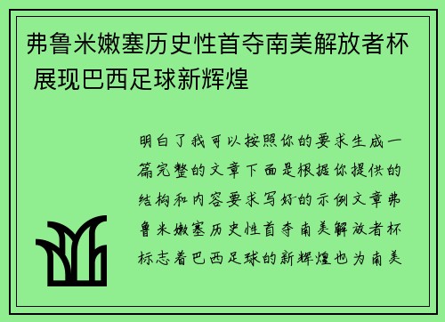 弗鲁米嫩塞历史性首夺南美解放者杯 展现巴西足球新辉煌