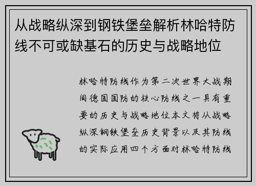 从战略纵深到钢铁堡垒解析林哈特防线不可或缺基石的历史与战略地位