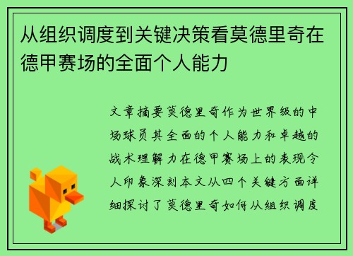 从组织调度到关键决策看莫德里奇在德甲赛场的全面个人能力